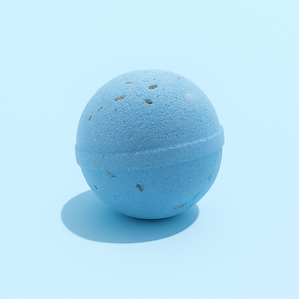 Blue bath bomb on a light blue background