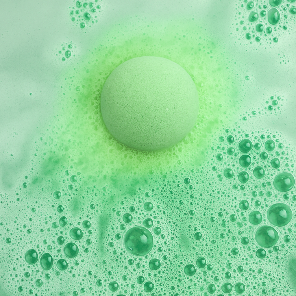 Close-up of a green bath bomb with bubbles on a green background