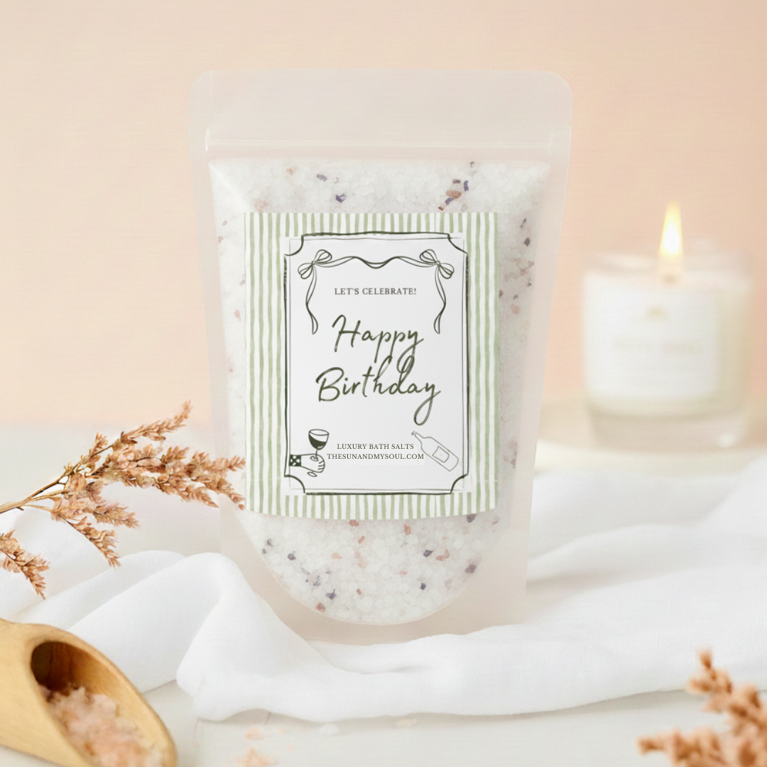 Happy Birthday bath salt package with a candle and decorative elements on a light background