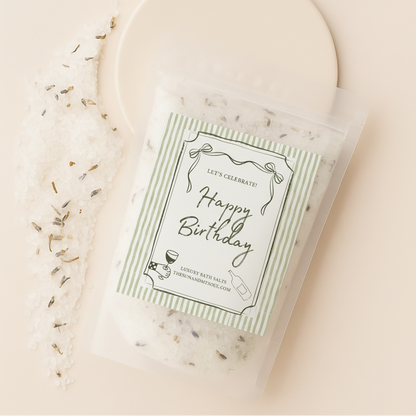 Packaged product with a 'Happy Birthday' label on a beige background