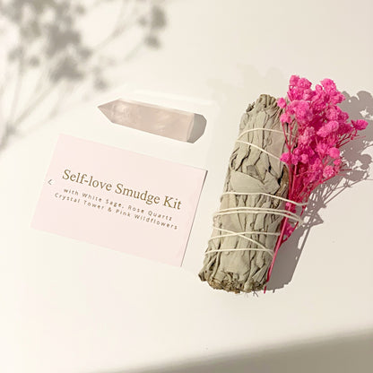 Self-love Smudge Kit - White Sage Bundle with Rose Quartz Tower & Pink Wildflowers