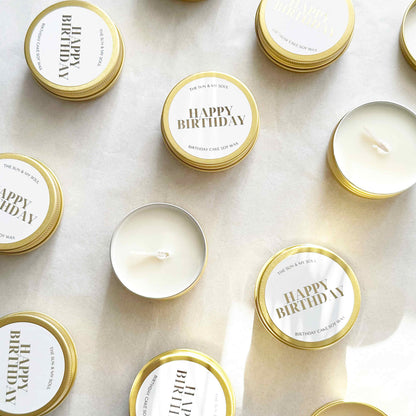 Small candles with 'Happy Birthday' labels on a light background