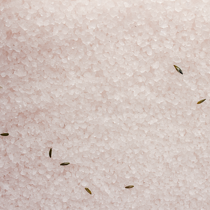 Close-up of pinkish sand with small dark objects on a textured background