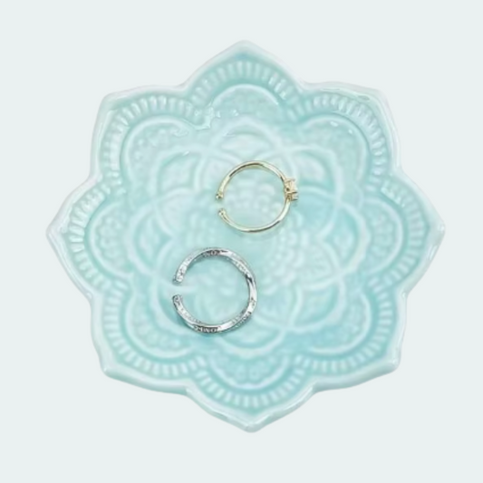 Blue Flower Mandala Ceramic Ring Dish – Jewellery Holder & Trinket Tray