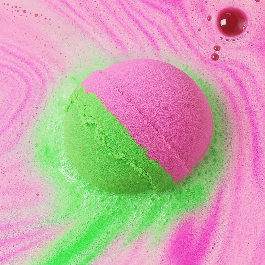 Pink and green bath bomb in a swirling pink and green liquid.