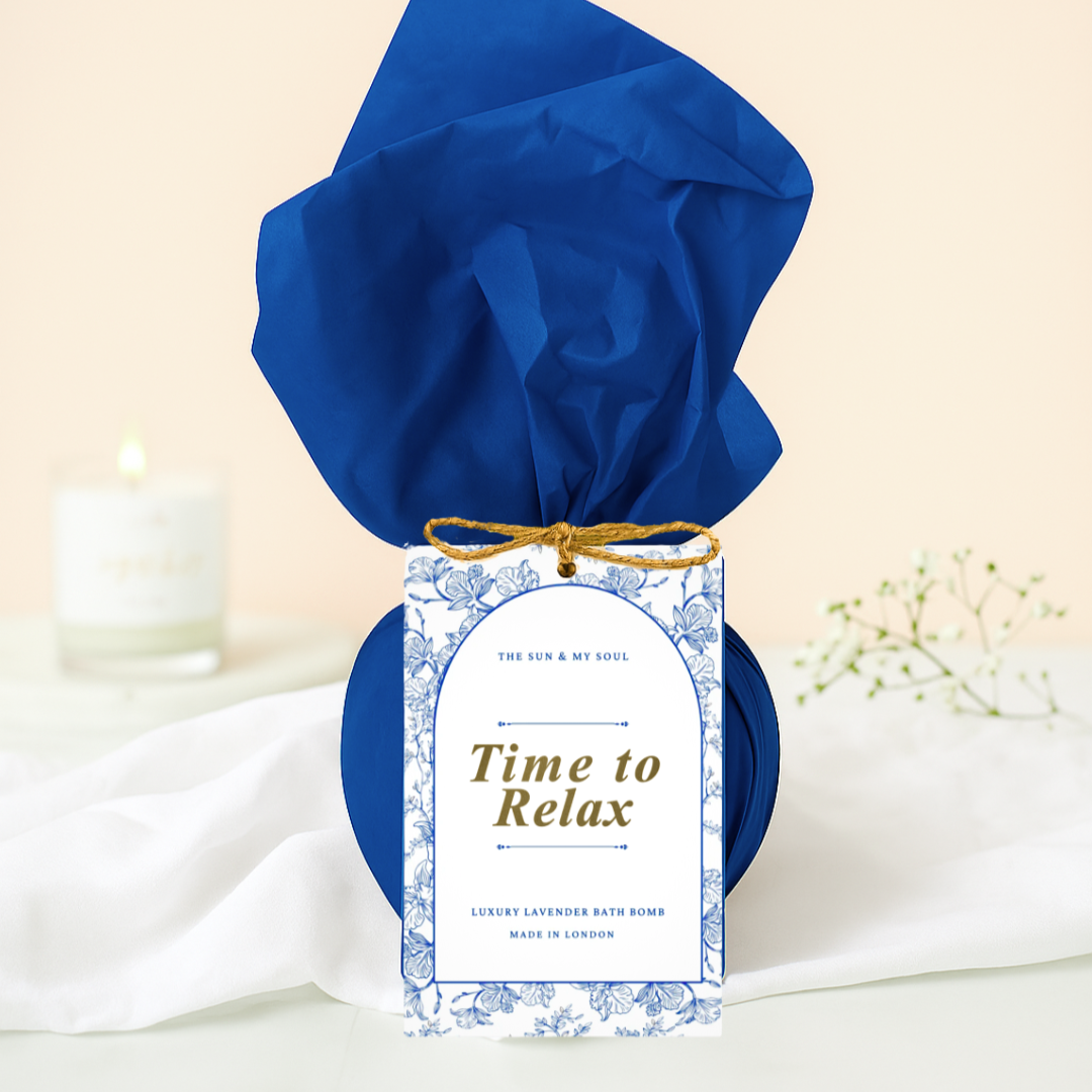 Blue wrapped product with a 'Time to Relax' tag on a light background