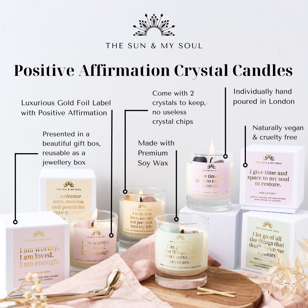 Self-love Affirmation Crystal Candle with Rose Quartz & Clear Quartz, Scent - Peony, Blush Suede