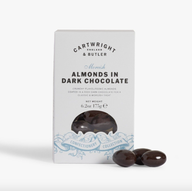 Box of Cartwright & Butler almonds in dark chocolate on a white background