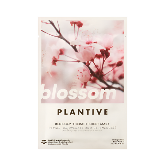 Plantive Blossom Therapy Sheet Mask packaging with cherry blossoms on a white background