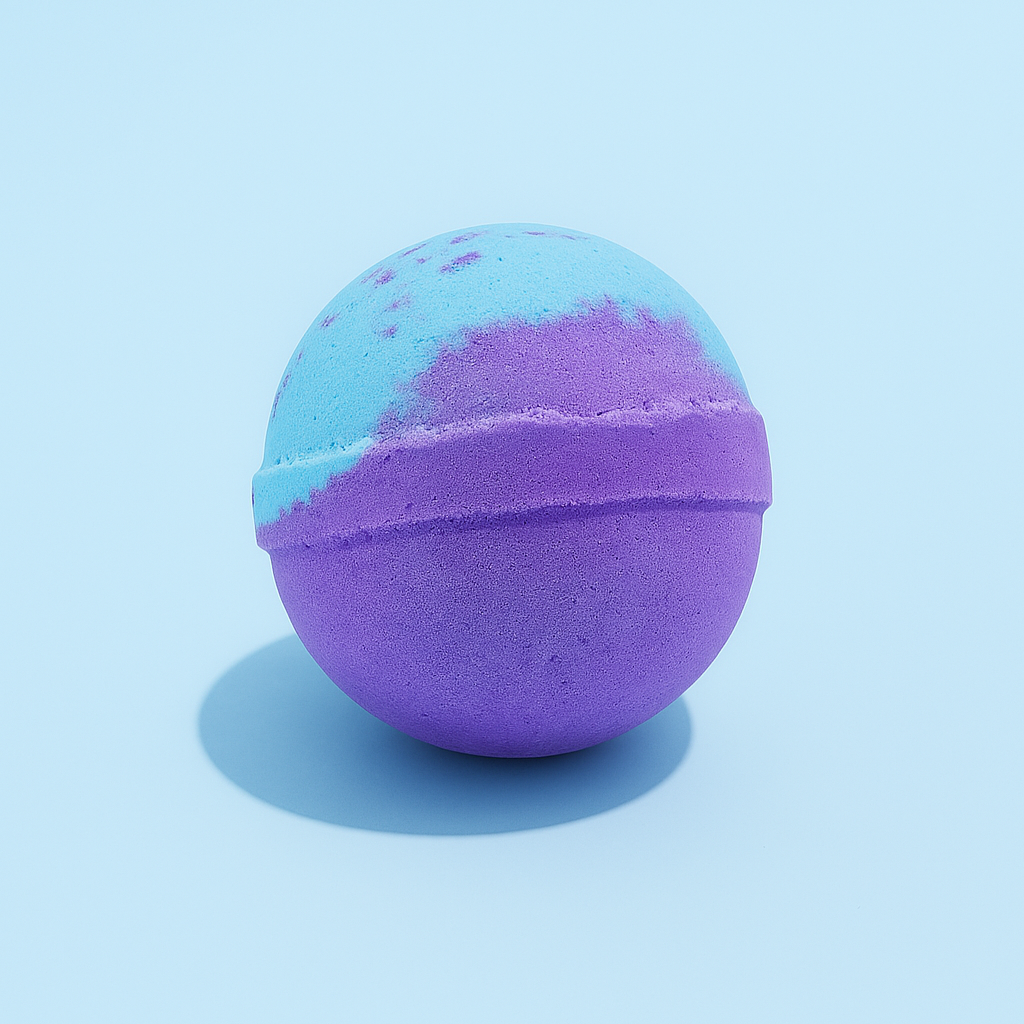 Two-toned purple and blue bath bomb on a light blue background