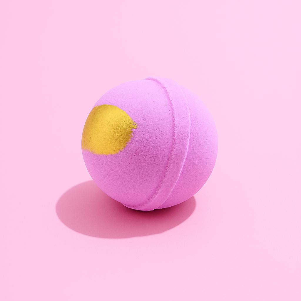 Pink bath bomb with a yellow spot on a pink background