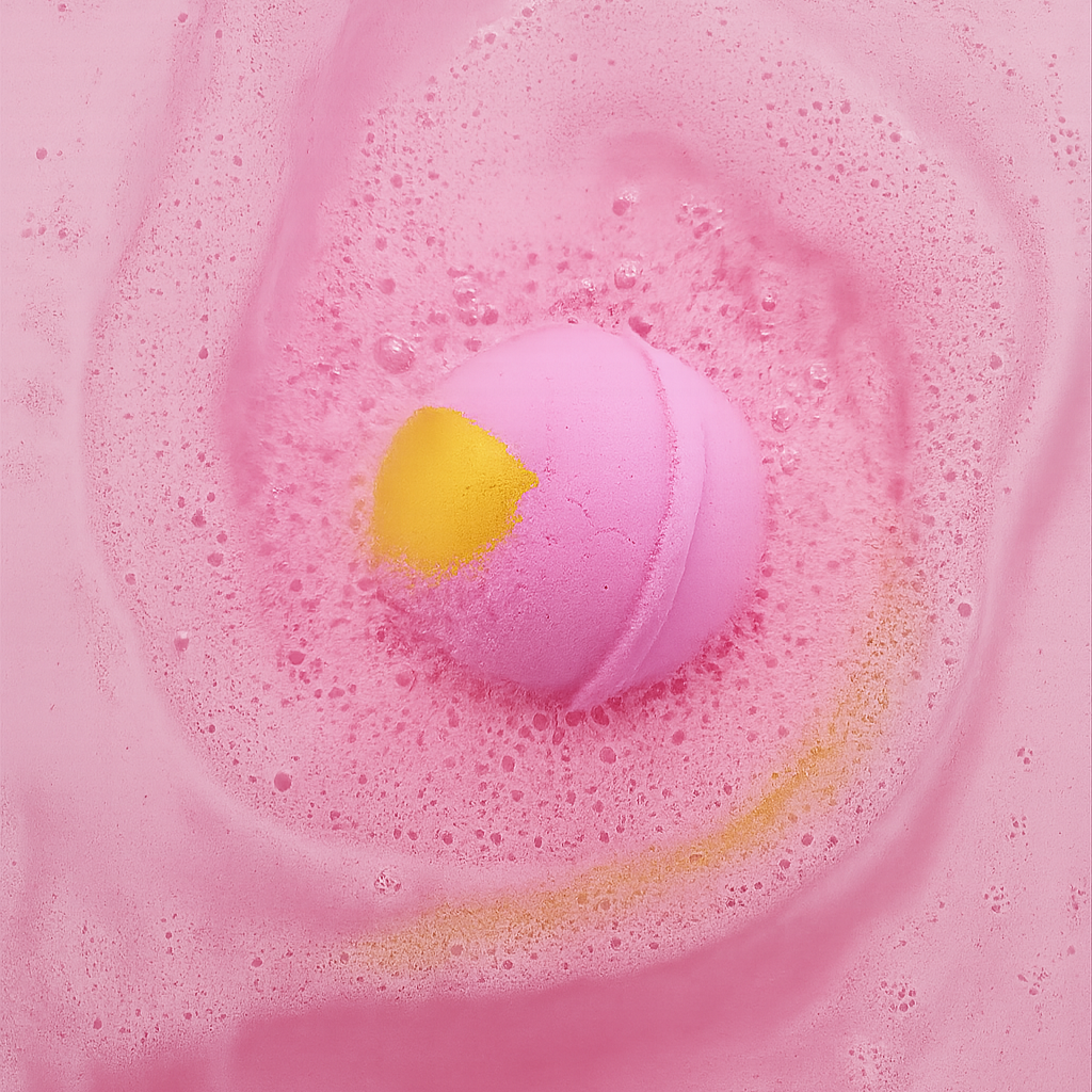 Pink bath bomb with yellow cap floating in swirling pink water
