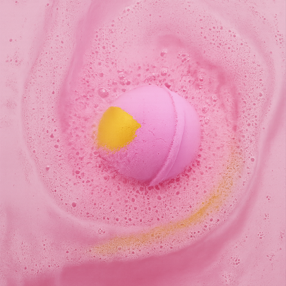 Pink bath bomb with yellow cap floating in swirling pink water