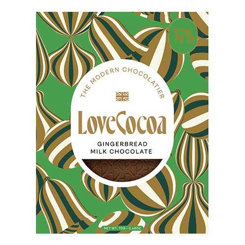 LoveCocoa gingerbread milk chocolate packaging with green and gold design
