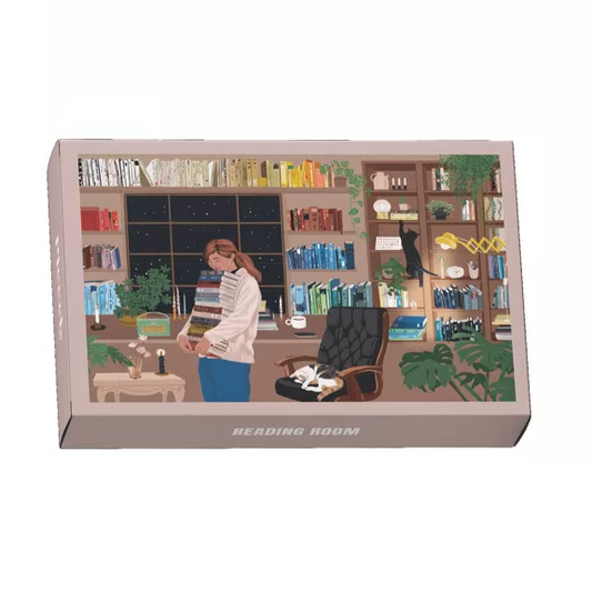 Puzzle Box with illustrations of a person in a room with books and furniture on a white background