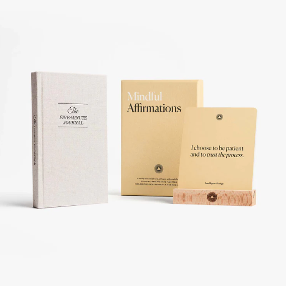 intelligent change five minute journal and mindful affirmation cards on a white background