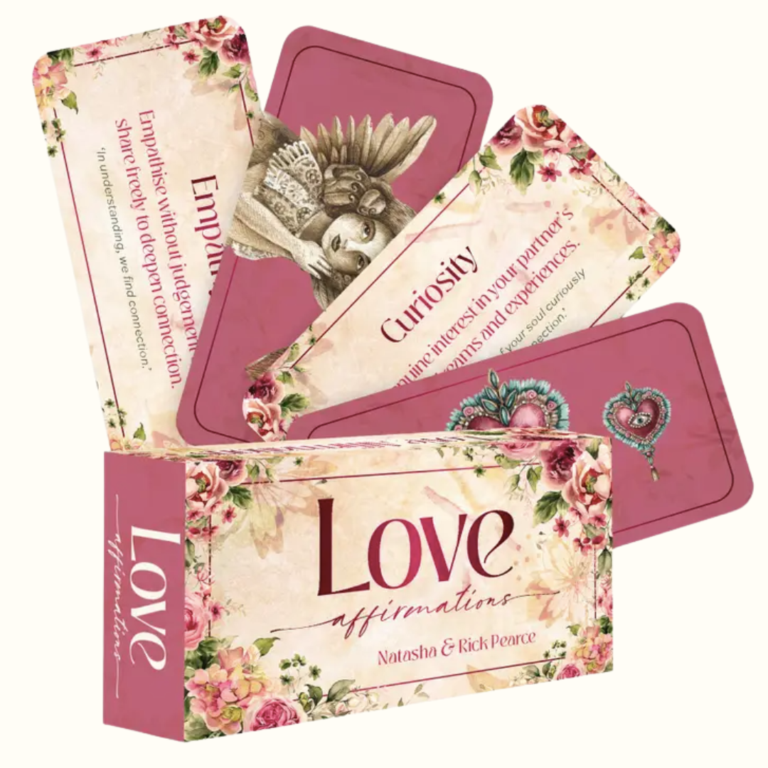 Set of love affirmation cards with a decorative box on a white background