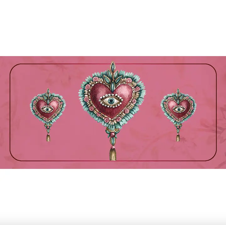 Heart-shaped earrings with decorative elements on a pink background love affirmation card
