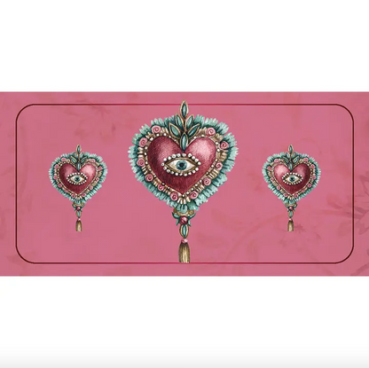 Heart-shaped earrings with decorative elements on a pink background love affirmation card