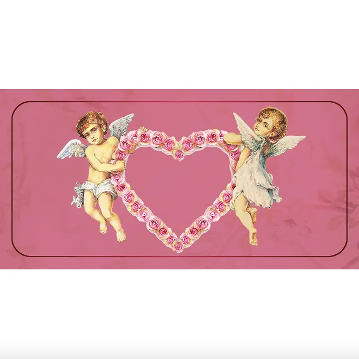 Two cherubs holding a heart-shaped pink flower arrangement on a pink background love affirmation cards