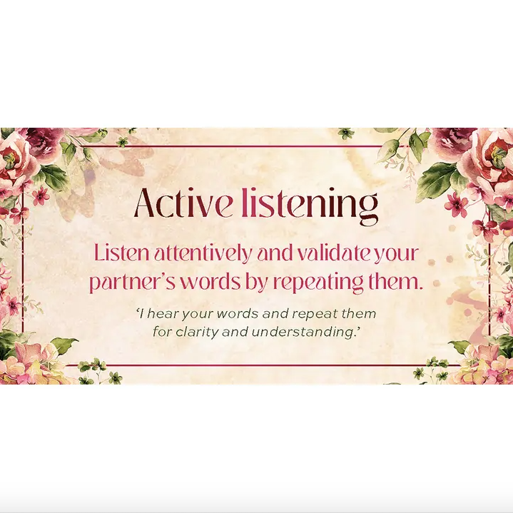 Floral design with text on active listening on a light background love affirmation cards