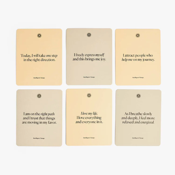 Set of six motivational cards with affirmations on a light beige background