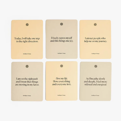 Set of six motivational cards with affirmations on a light beige background