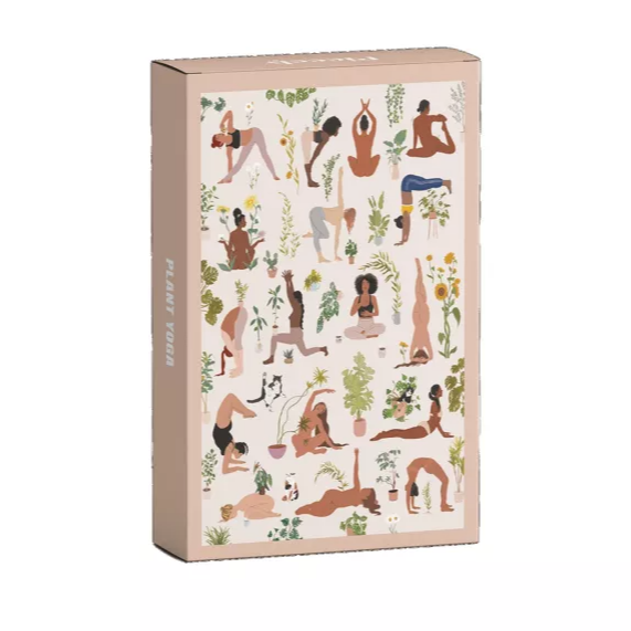 Puzzle packaging box with illustrations of people in various yoga poses and plants on a white background