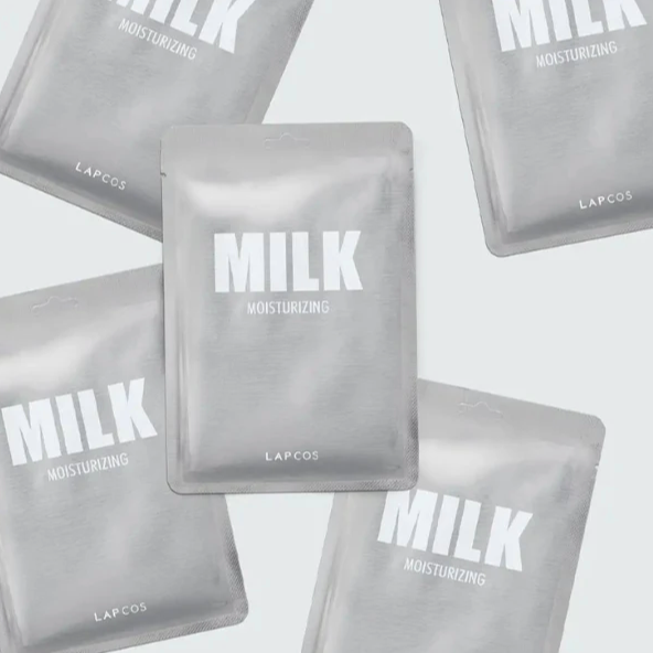 LAPCOS Milk Moisturizing face mask packets on a light gray background