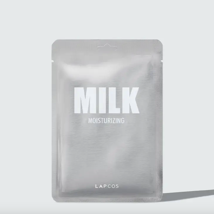LAPCOS milk moisturizing sheet mask packaging on a light gray background