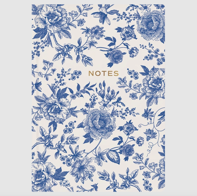 Notebook cover with blue floral pattern and 'Notes' text on a light background