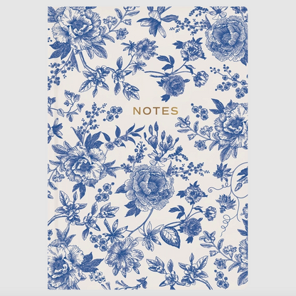 Notebook cover with blue floral pattern and 'Notes' text on a light background