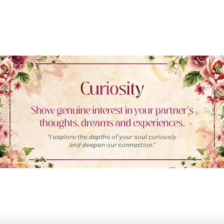 Decorative card with floral border and text about curiosity in relationships on a white background. love affirmation cards