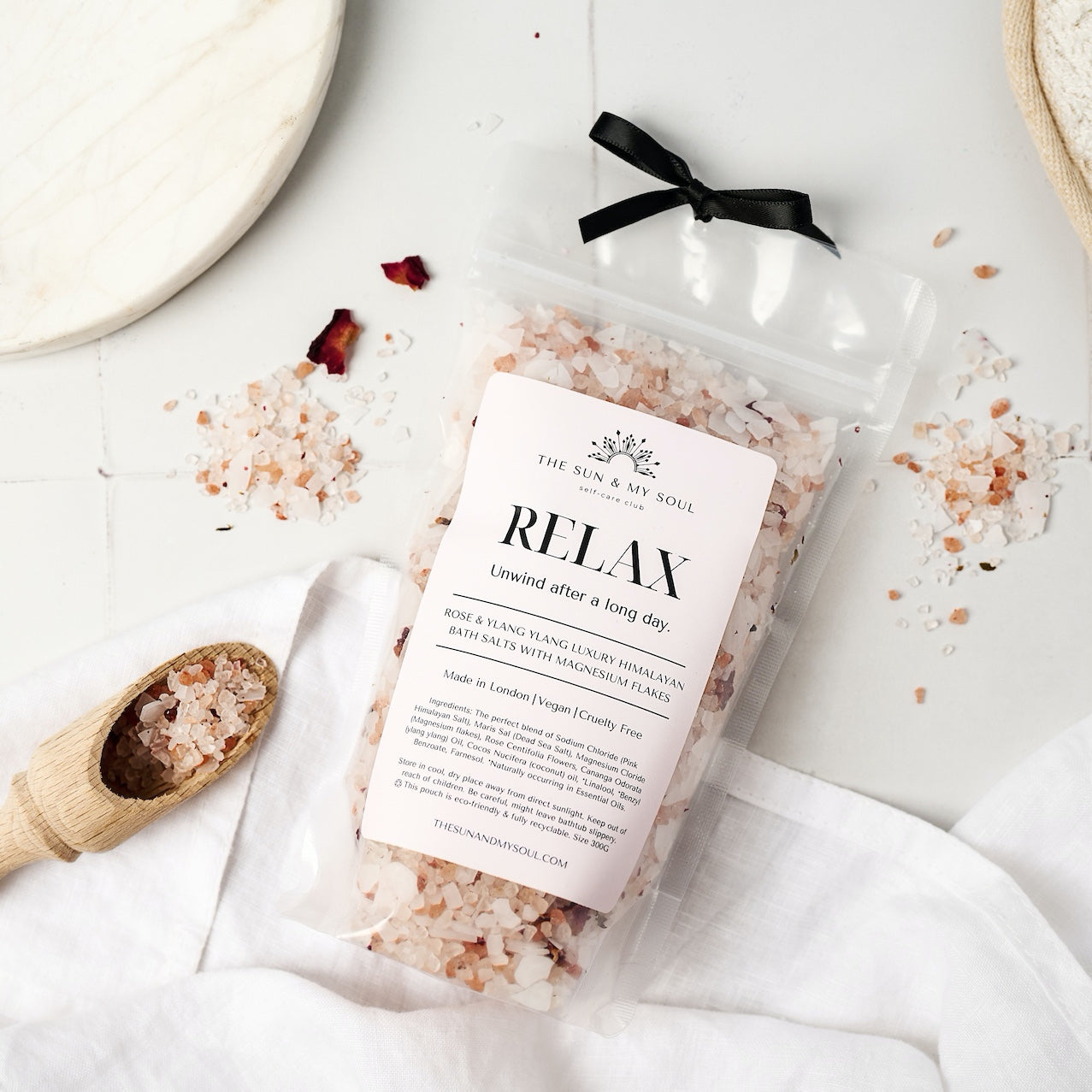 Relax Rose & Ylang Ylang Luxury Himalayan Bath Salts with Magnesium Flakes in Pouch