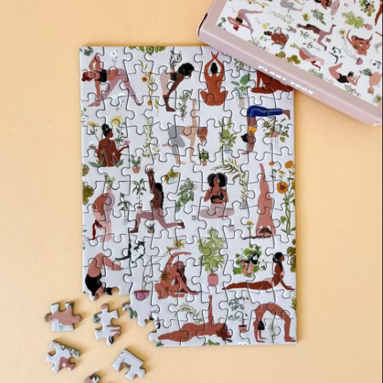 Partial puzzle with illustrated figures on a beige background